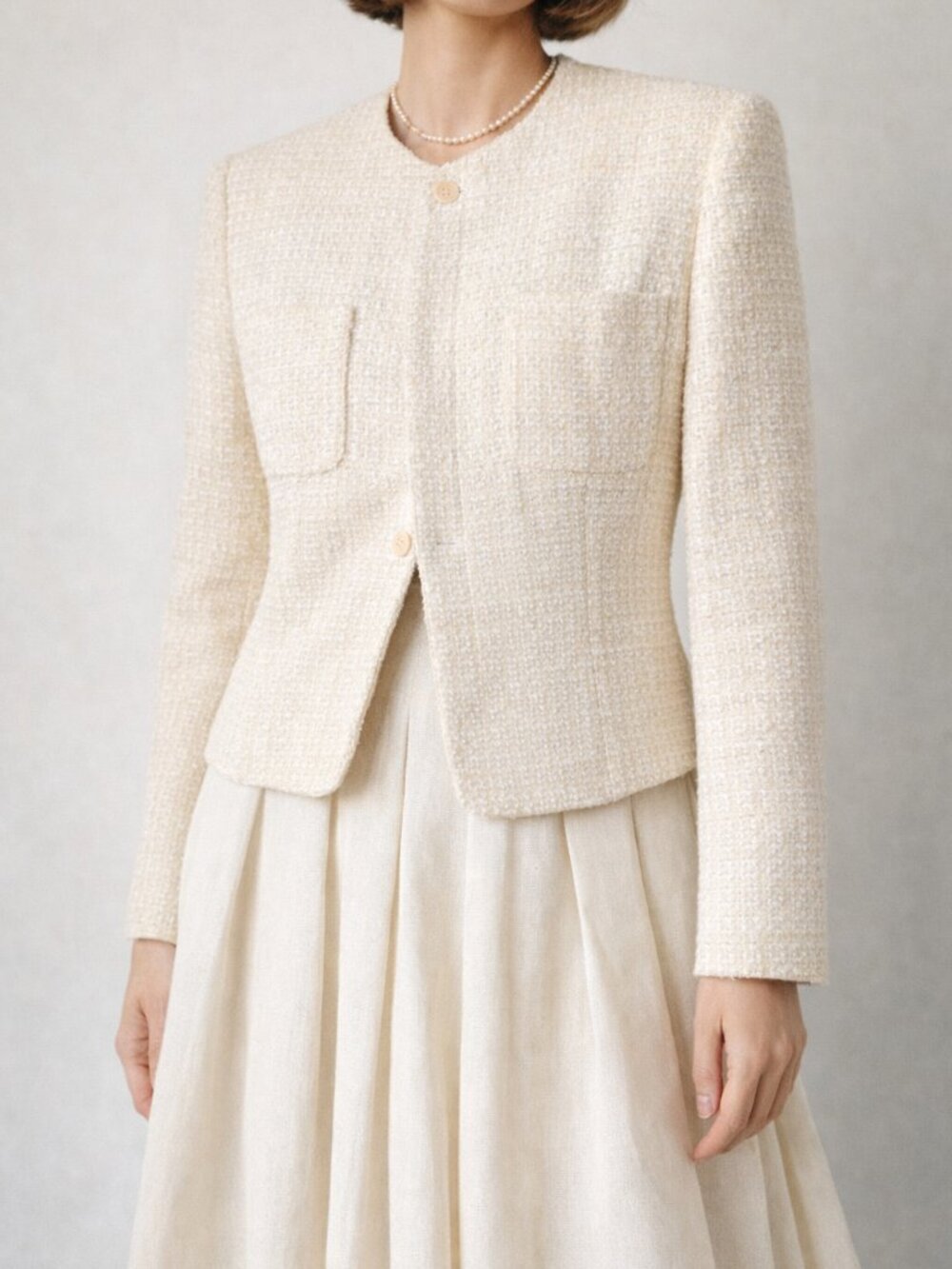 Vintage 90s Womens Tweed Cream Blazer Size 16 Classic Old Money Wool